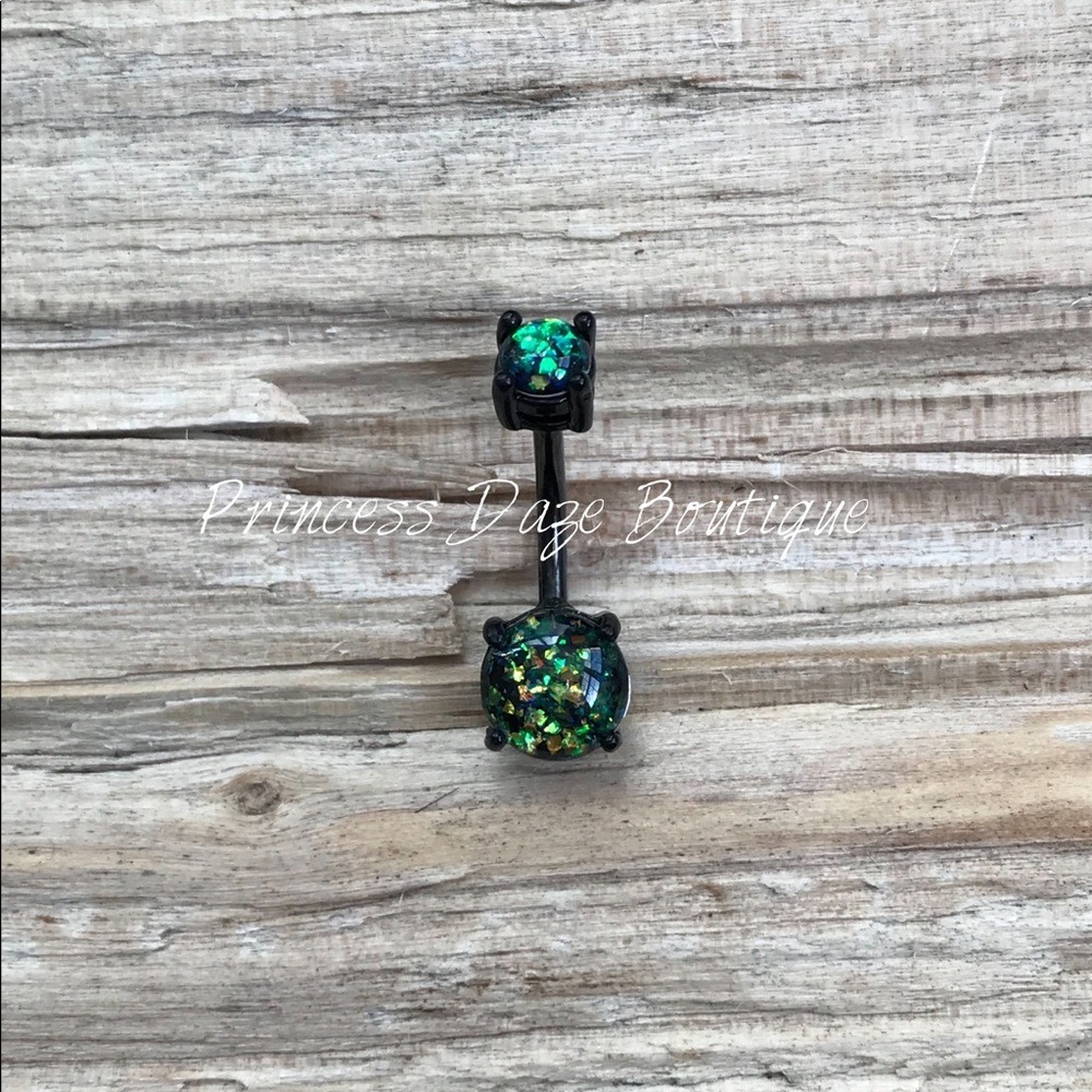 Green Opal Black Prong Belly Button Ring